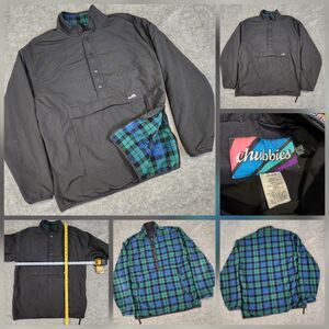 VTG Chubbies Mens L Large Black Windbreaker Plaid Fleece Hooded Snap‎ Jacket